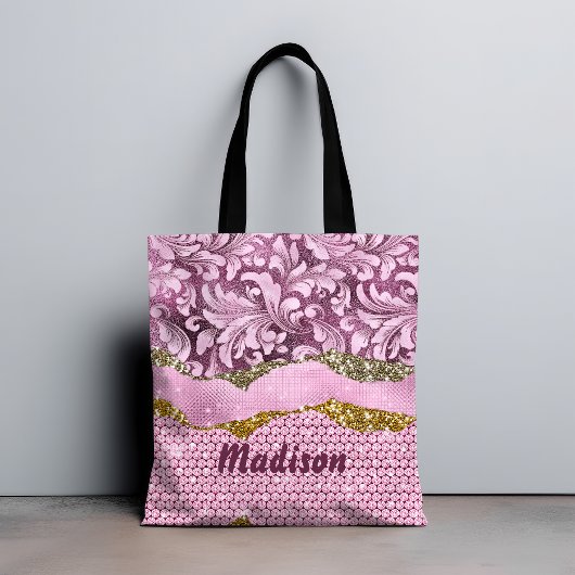 Elegant floreus Paars roze goudmonogram Tote Bag
