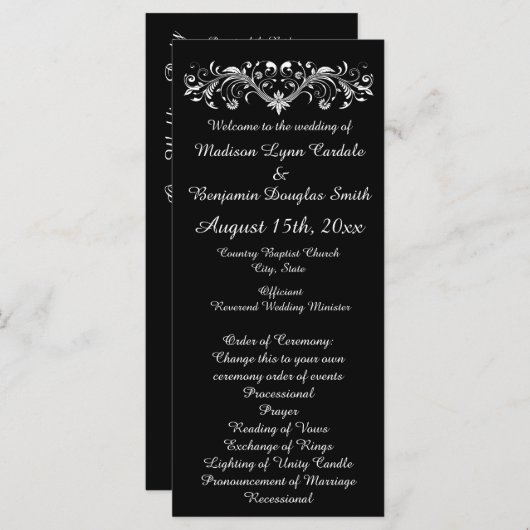 Elegant Flourish Black and White Wedding Programs Programmakaart (Voorkant / Achterkant)