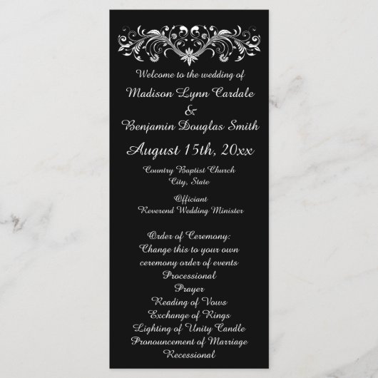 Elegant Flourish Black and White Wedding Programs Programmakaart (Voorkant)