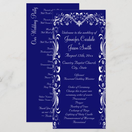 Elegant Flourish Blue Wedding Programs Sjablonen (Voorkant / Achterkant)