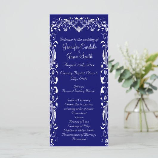 Elegant Flourish Blue Wedding Programs Sjablonen (Staand voorkant)