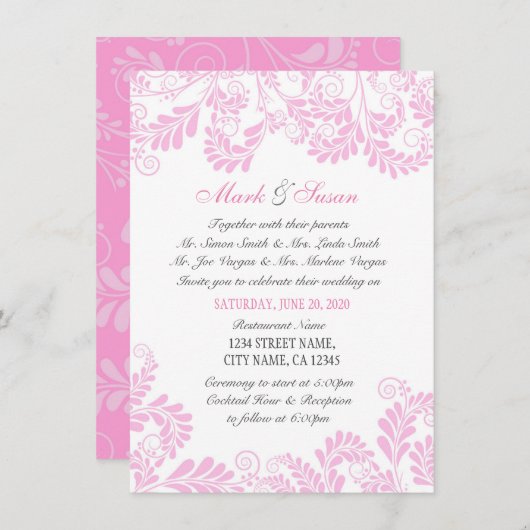 Elegant Flourish Curly Pink Wedding Uitnodiging (Voorkant / Achterkant)