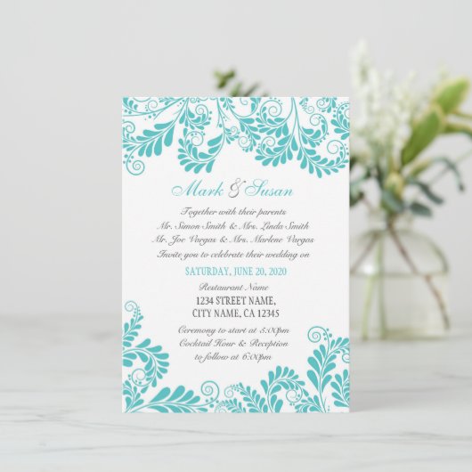 Elegant Flourish Curly Turquois Wedding Invitation Kaart (Staand voorkant)