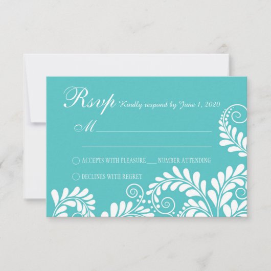 Elegant Flourish Curly Turquoise Wedding RSVP (Voorkant)