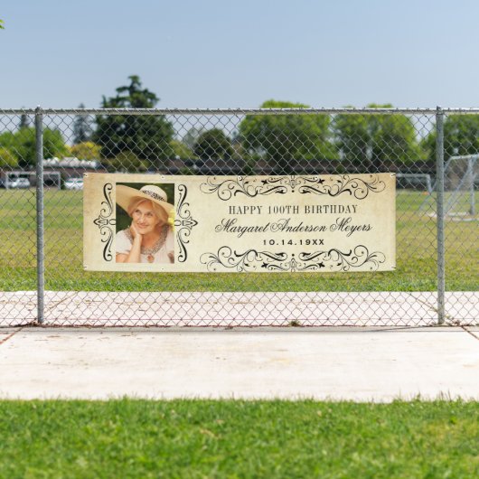 Elegant  Flourish Happy Birthday Foto Spandoek (Insitu)