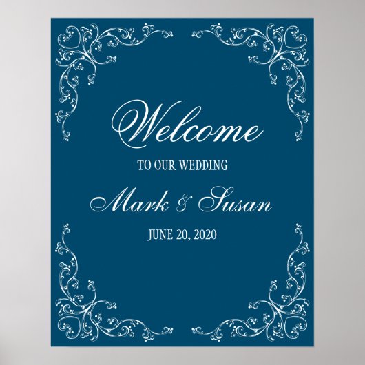 Elegant Flourish Ocean Blue Wedding Welcome Poster (Voorkant)