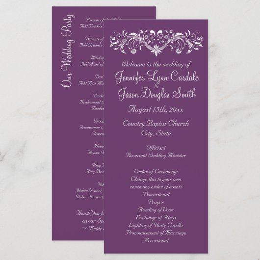 Elegant Flourish Regal Paars Wedding Programs Programmakaart (Voorkant / Achterkant)