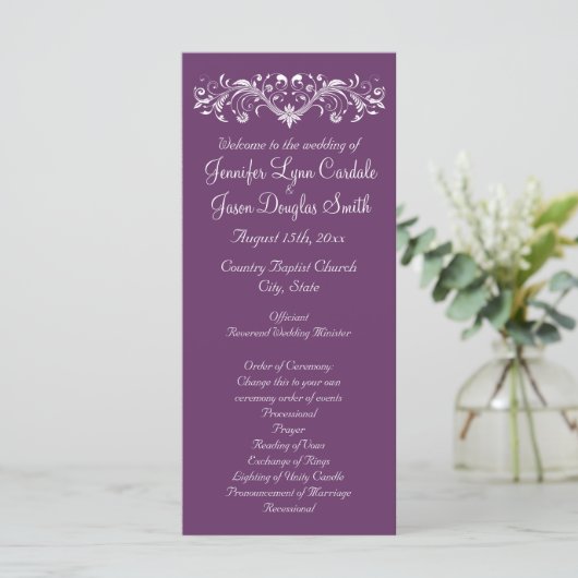 Elegant Flourish Regal Paars Wedding Programs Programmakaart (Staand voorkant)