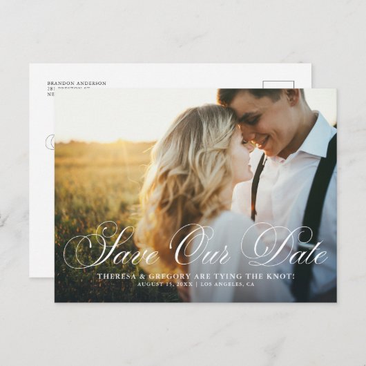 Elegant Flourish Script Photo Save our Date Briefkaart (Voorkant / Achterkant)