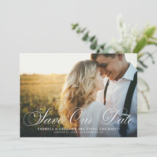Elegant Flourish Script Photo Save our Date Save The Date (Staand voorkant)