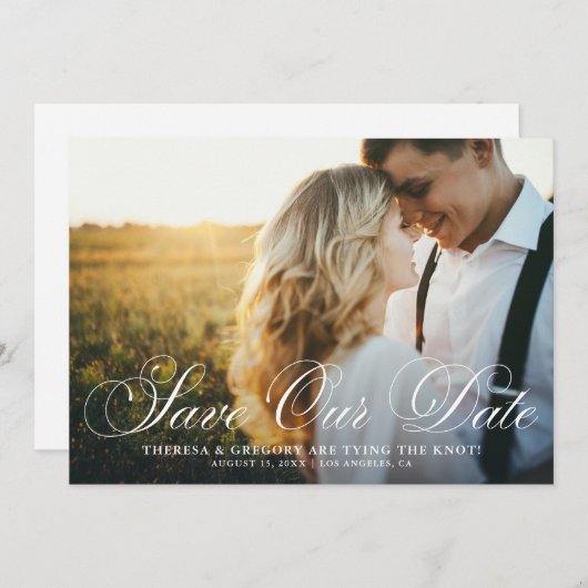 Elegant Flourish Script Photo Save our Date Save The Date (Voorkant / Achterkant)