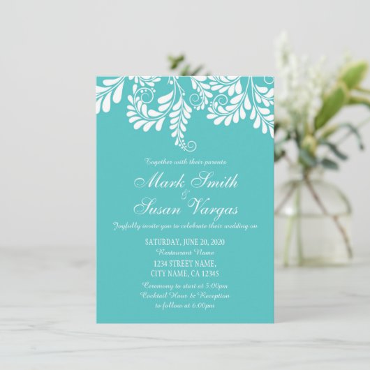 Elegant Flourish Turquoise Wedding Invitation Kaart (Staand voorkant)
