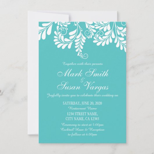 Elegant Flourish Turquoise Wedding Invitation Kaart (Voorkant)