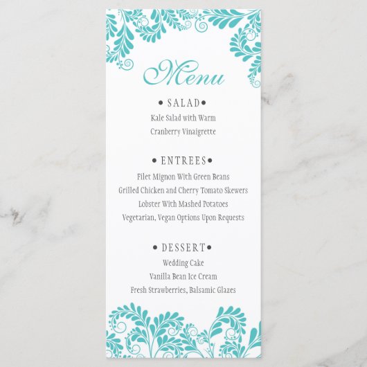 Elegant Flourish Turquoise Wedding Menus Menu (Voorkant)