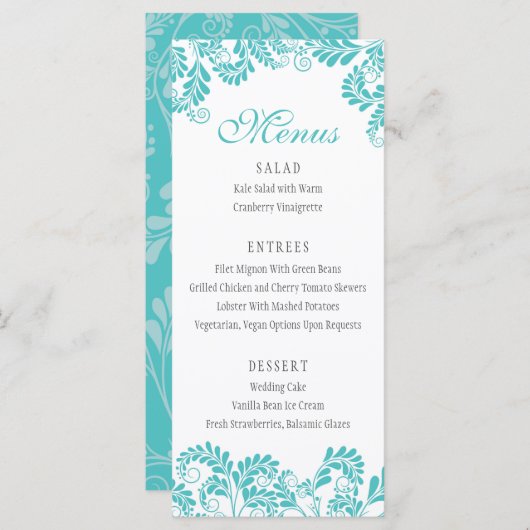 Elegant Flourish Turquoise Wedding Menus Menu (Voorkant / Achterkant)