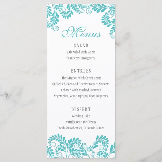 Elegant Flourish Turquoise Wedding Menus Menu (Voorkant)