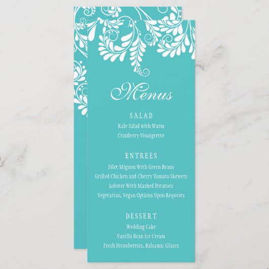Elegant Flourish Turquoise Wedding Menus Menu (Voorkant / Achterkant)