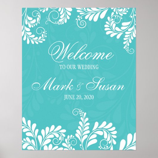 Elegant Flourish Turquoise Wedding Welcome Poster (Voorkant)