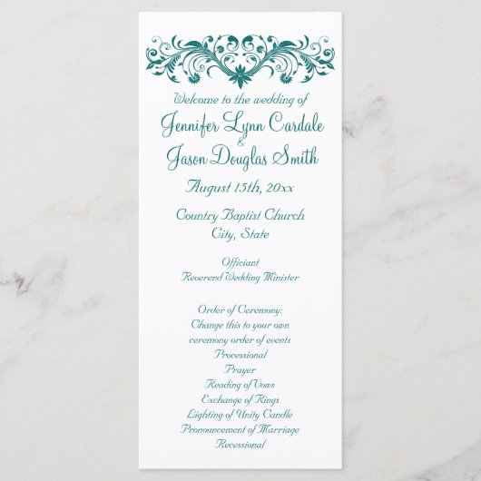 Elegant Flourish White Blauwgroen Wedding Programs Programmakaart (Voorkant)