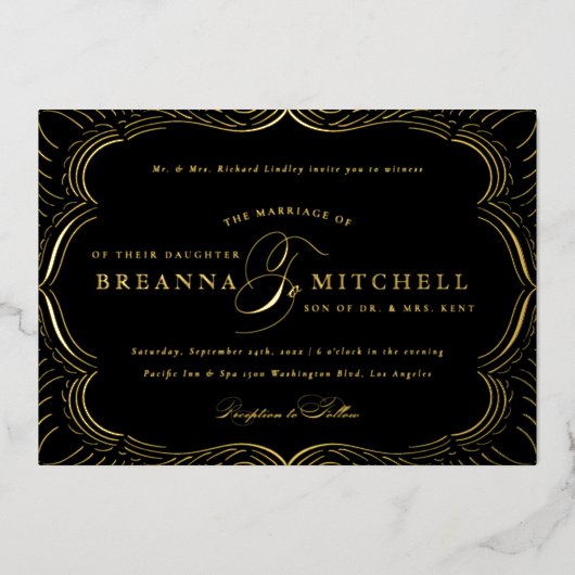Elegant Flourishes Formal Wedding Gold Folie Uitnodiging (Voorkant)