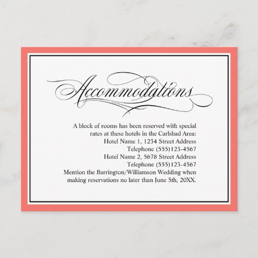 Elegant Flourishes Wedding Accommodations Coral Briefkaart (Voorkant)