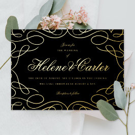 Elegant Flourishes Wedding Calligraphy Black Gold Folie Uitnodiging