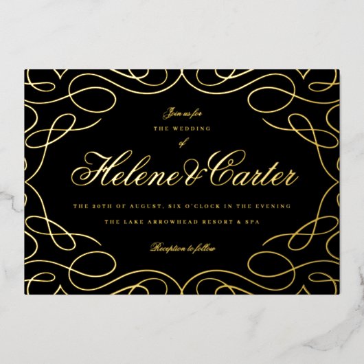 Elegant Flourishes Wedding Calligraphy Black Gold Folie Uitnodiging (Voorkant)