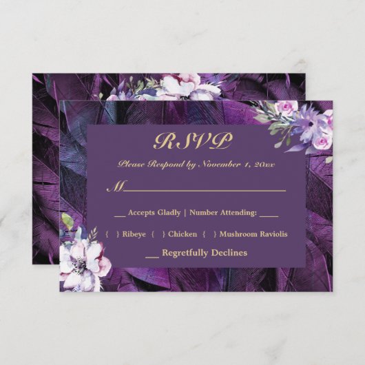 Elegant Flower and Feathers RSVP Kaartje (Voorkant / Achterkant)