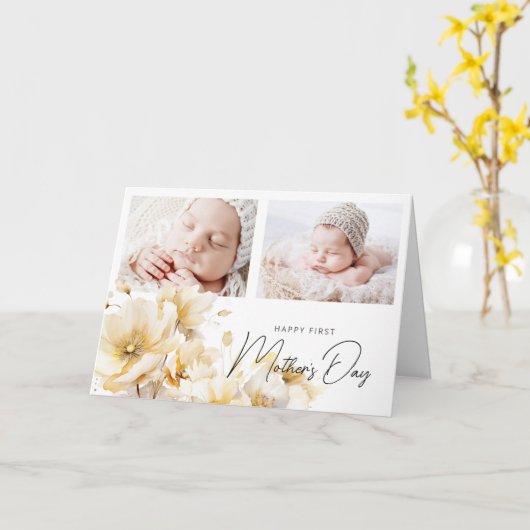 Elegant Flower First Moederdag 2 foto's Kaart (Gele Bloem)