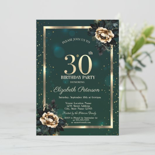 Elegant Flower Gold Lijst Sterren Groen 30ste Kaart (Staand voorkant)