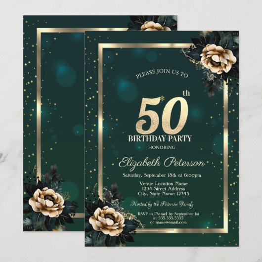 Elegant Flower Gold Lijst Sterren Groen 50ste Kaart (Voorkant / Achterkant)