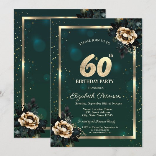 Elegant Flower Gold Lijst Sterren Groen 60ste Kaart (Voorkant / Achterkant)