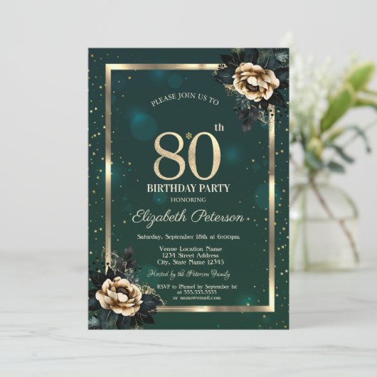 Elegant Flower Gold Lijst Sterren Groen 80ste Kaart (Staand voorkant)