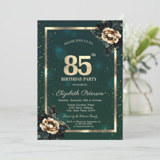 Elegant Flower Gold Lijst Sterren Groen 85e Kaart (Staand voorkant)