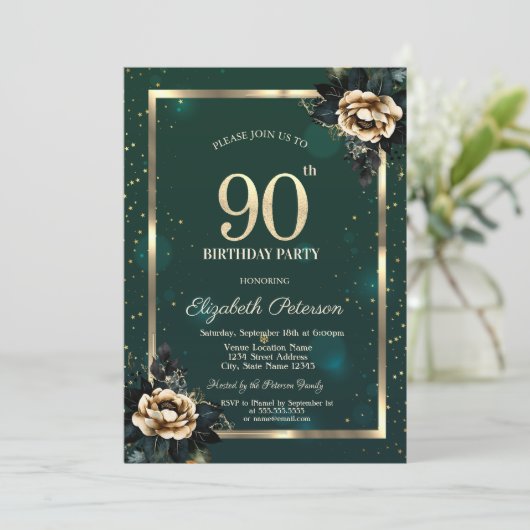 Elegant Flower Gold Lijst Sterren Groen 90th Kaart (Staand voorkant)