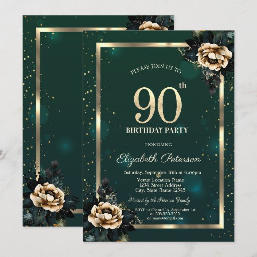 Elegant Flower Gold Lijst Sterren Groen 90th Kaart (Voorkant / Achterkant)