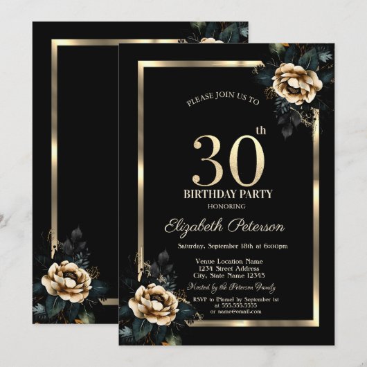 Elegant Flower Gold Lijst Zwart 30e Verjaardag Kaart (Voorkant / Achterkant)