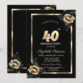 Elegant Flower Gold Lijst Zwart 40e Verjaardag Kaart (Voorkant / Achterkant)