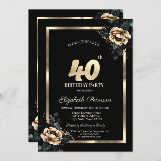 Elegant Flower Gold Lijst Zwart 40e Verjaardag Kaart (Voorkant / Achterkant)