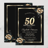 Elegant Flower Gold Lijst Zwart 50e Verjaardag Kaart (Voorkant / Achterkant)