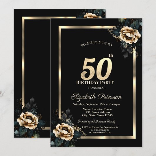Elegant Flower Gold Lijst Zwart 50e Verjaardag Kaart (Voorkant / Achterkant)