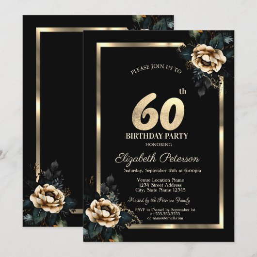 Elegant Flower Gold Lijst Zwart 60e Verjaardag Kaart (Voorkant / Achterkant)