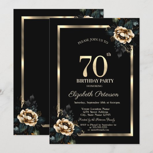 Elegant Flower Gold Lijst Zwart 70e Verjaardag Kaart (Voorkant / Achterkant)