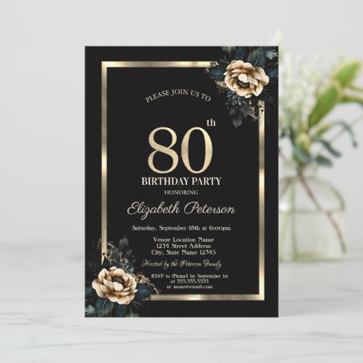 Elegant Flower Gold Lijst Zwart 80e Verjaardag Kaart (Staand voorkant)