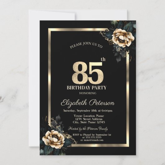 Elegant Flower Gold Lijst Zwart 85e Verjaardag Kaart (Voorkant)