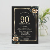 Elegant Flower Gold Lijst Zwart 90e Verjaardag Kaart (Staand voorkant)