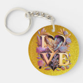 Elegant Flower, Heart and Golden Love Sleutelhanger (Voorkant)