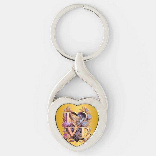 Elegant Flower, Heart and Golden Love Sleutelhanger (Voorkant)