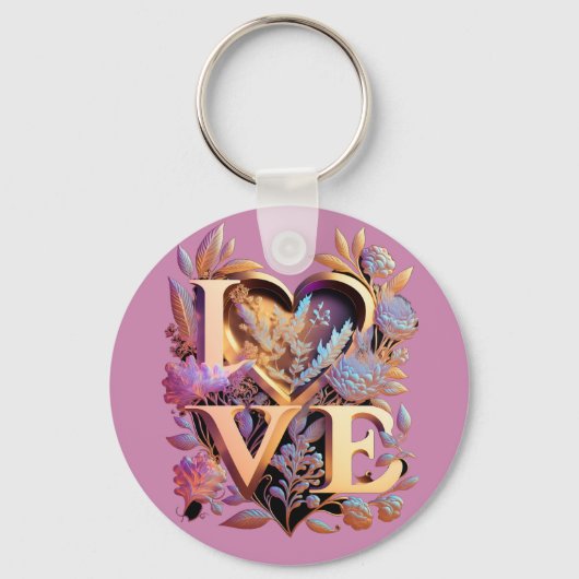 Elegant Flower, Heart and Golden Love Sleutelhanger (Voorkant)