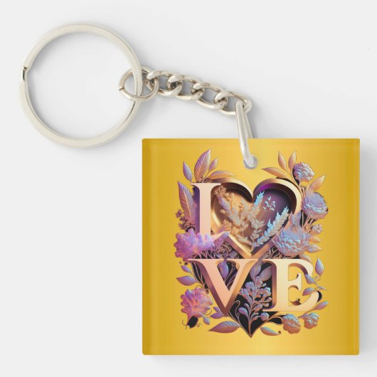 Elegant Flower, Heart and Golden Love Sleutelhanger (Voorkant)